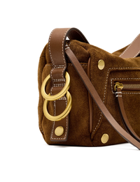 Doxie Medium Handbag, Cinnamon Suede/Antique Gold
