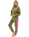 Heart Print Relaxed Crew Sweatshirt, Camo/Neon Pink