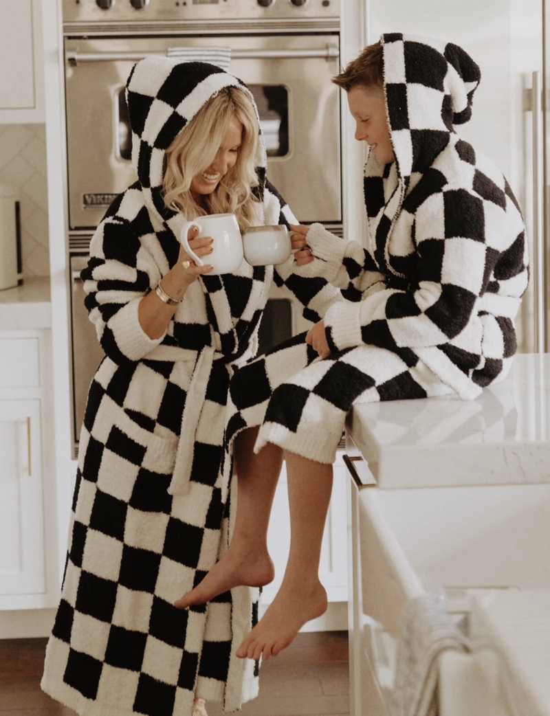 Hooded Checker Luxe Robe, Black/Cream