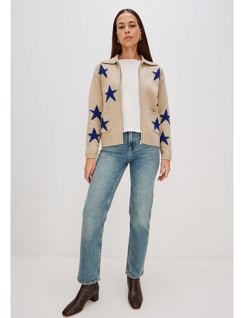 Rhea Zip Sweater, Camel/Cobalt Stars