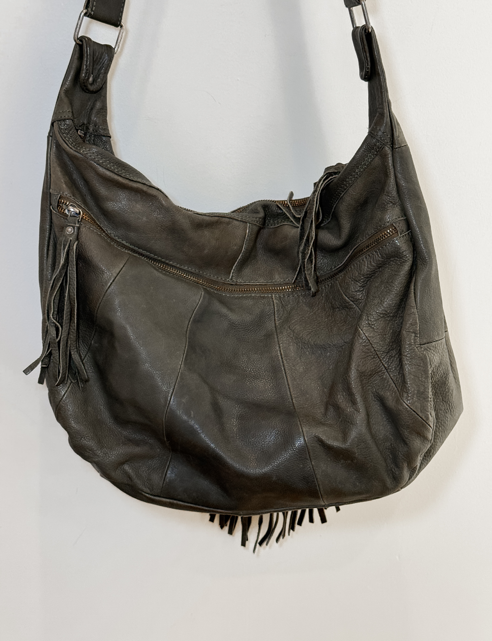 Leather Fringe Hobo Bag, Olive