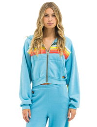 5 Stripe Cropped Relaxed Zip Hoodie, Aquamarine/White Neon