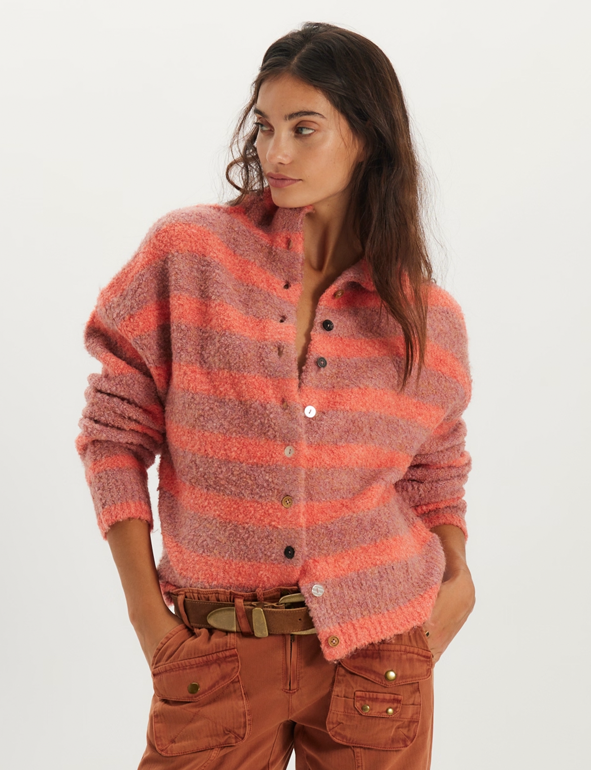 WTF Button Collection Cardi, Peach/Combo