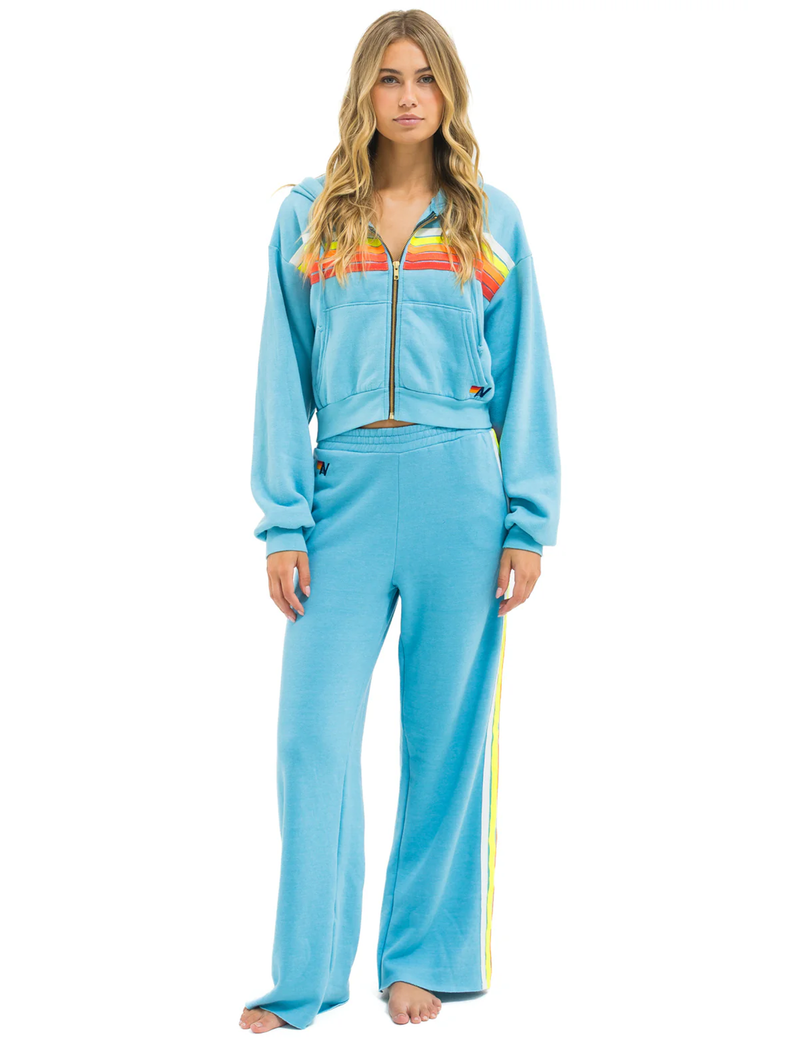 5 Stripe Cropped Relaxed Zip Hoodie, Aquamarine/White Neon