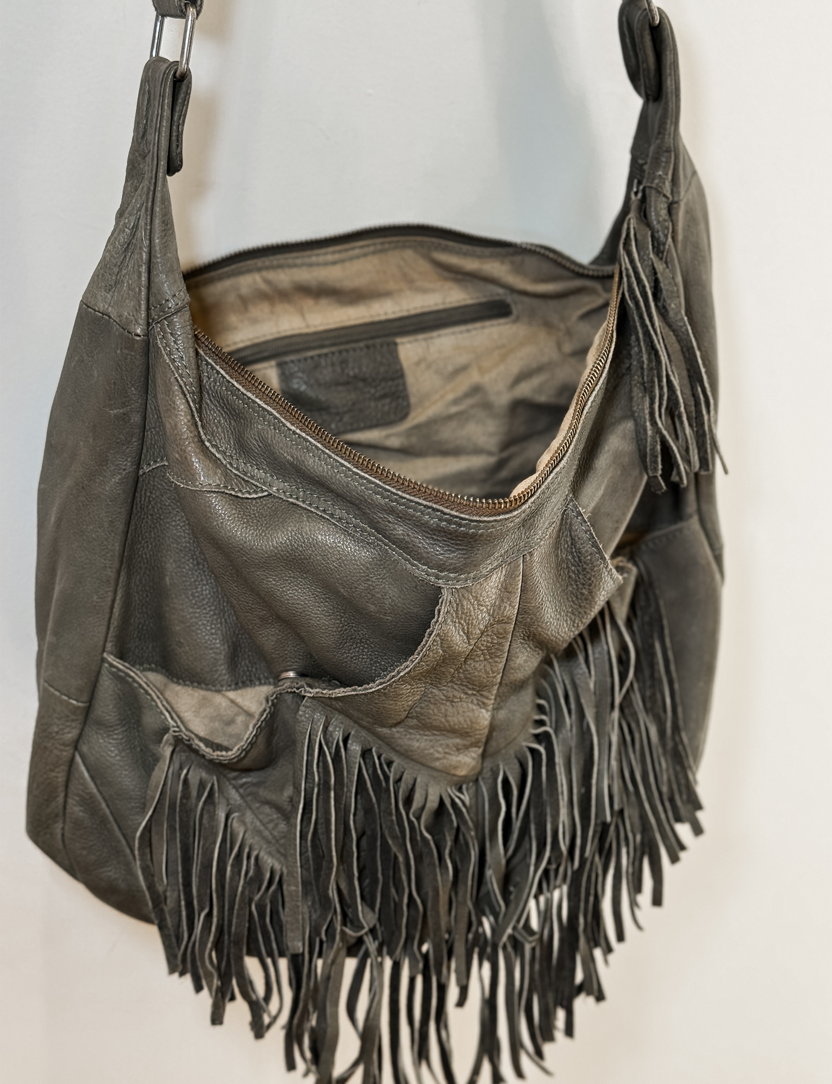 Leather Fringe Hobo Bag, Olive