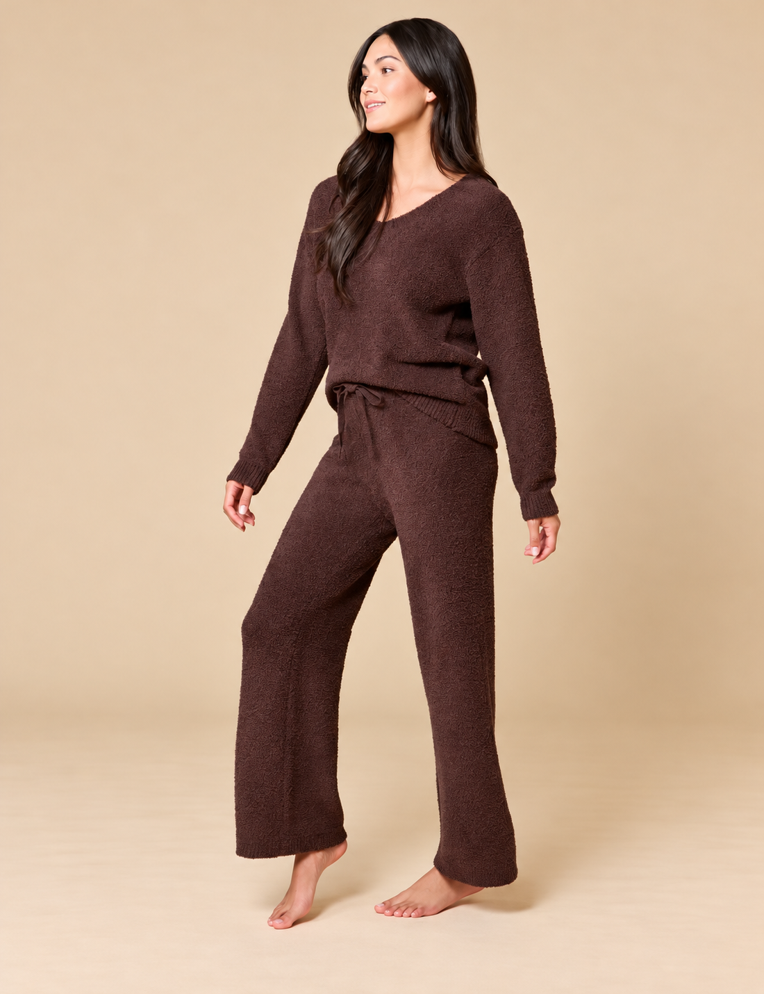 Solid Marshmallow V-Neck Lounge Set, Espresso