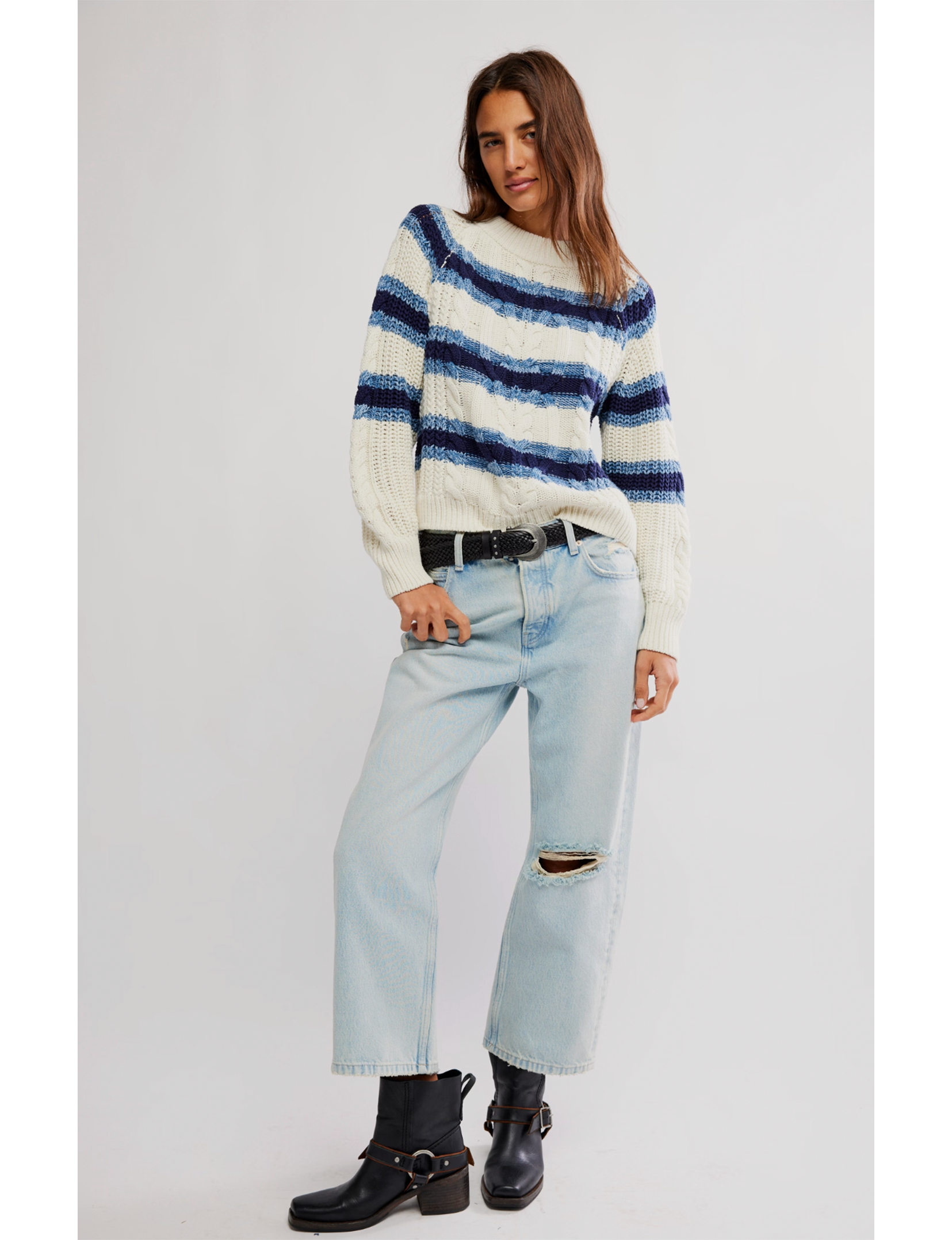 Frankie Cable Striped Sweater, Ivory/Combo
