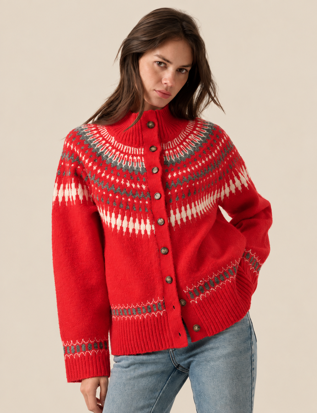 Fair Isle Cardigan, Cherry Tomato