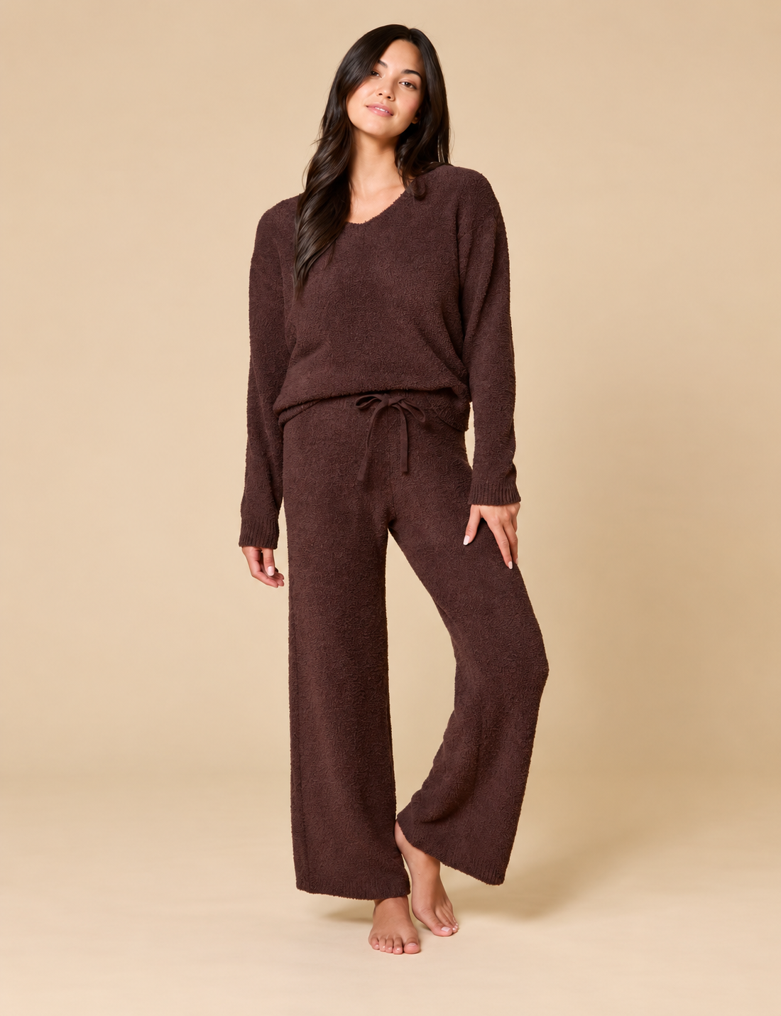 Solid Marshmallow V-Neck Lounge Set, Espresso