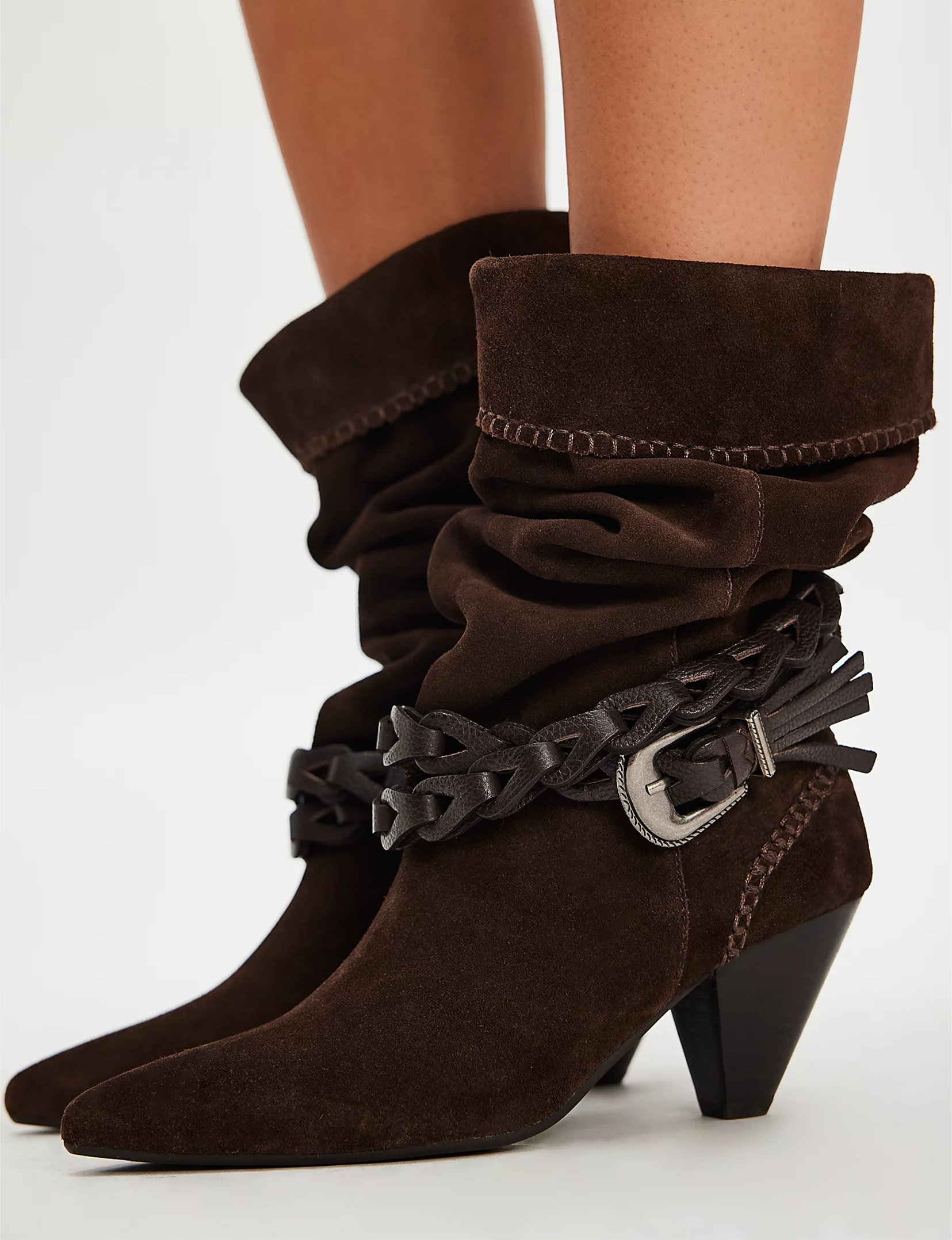 Bridget Belt Slouch Boot, Chocolate Suede