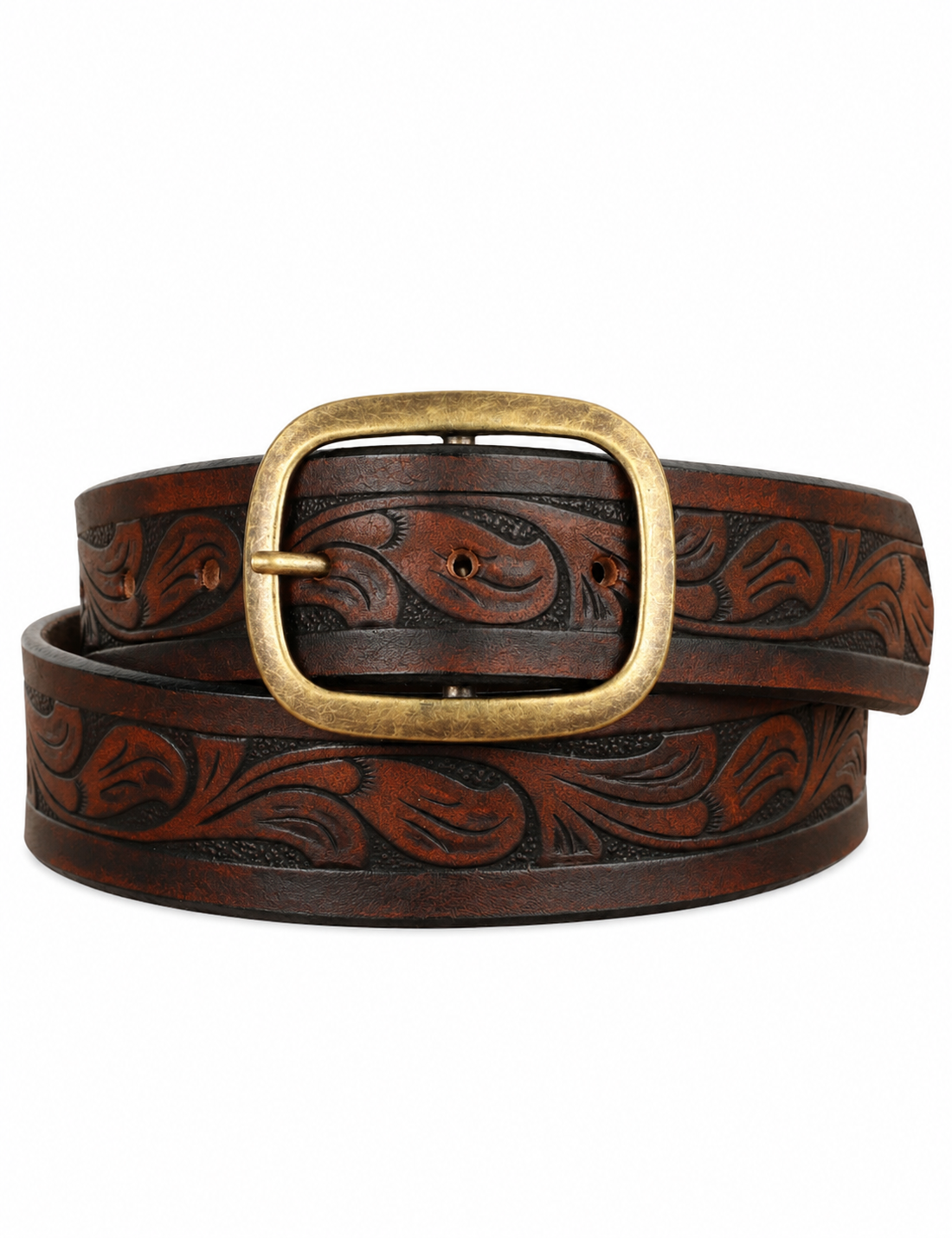 Western Embossed Leather Belt, Brass