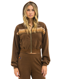 5 Stripe Cropped Relaxed Zip Hoodie, Chocolate/Espresso