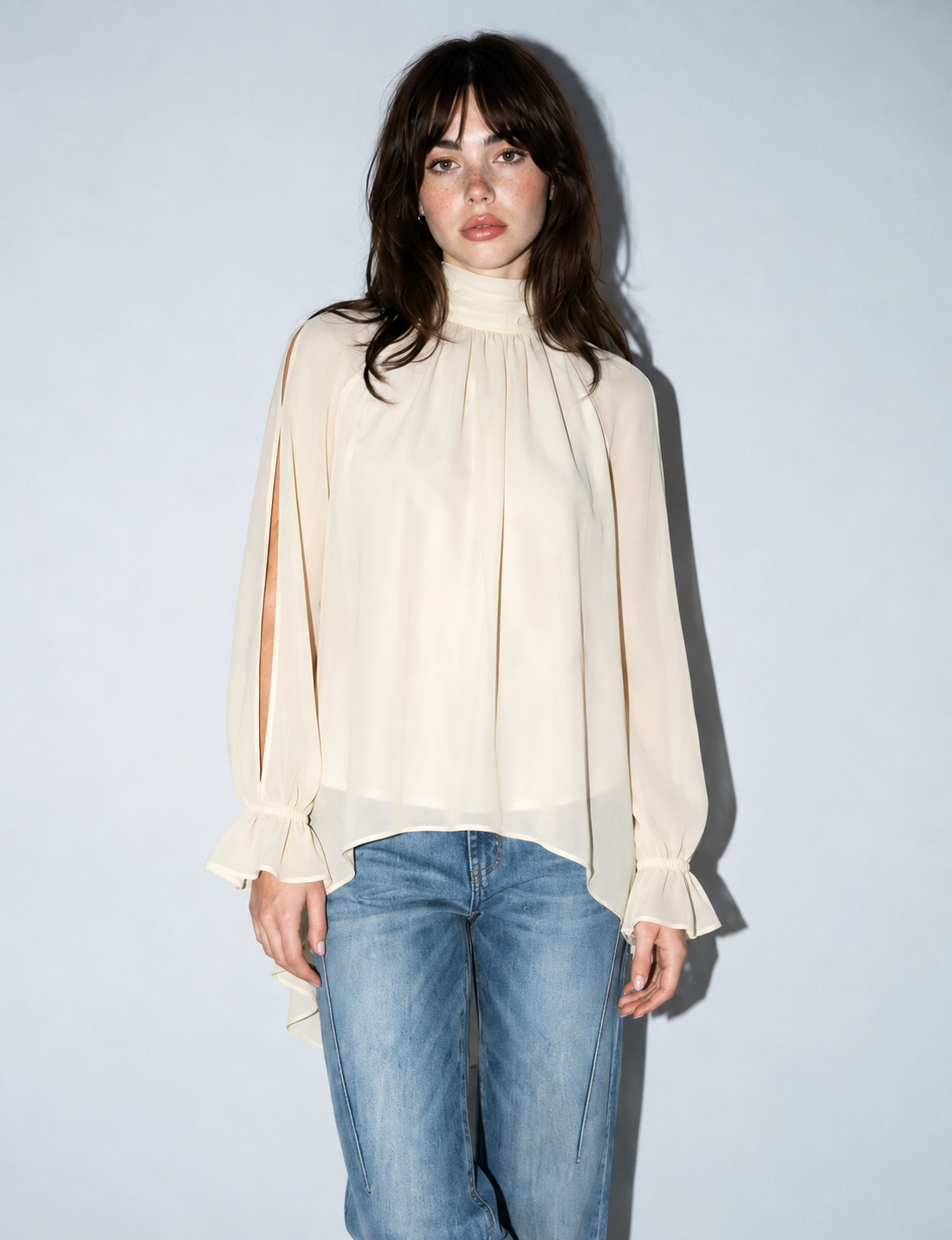 Chiffon Cold-Shoulder Top, Cream