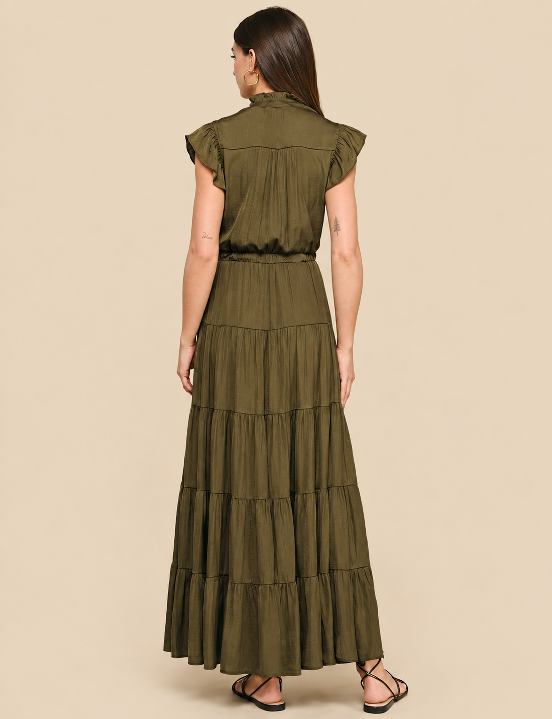 Satin Tiered Maxi Dress, Mocha