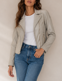 Sofia Leather Moto Jacket, Silver/Grey