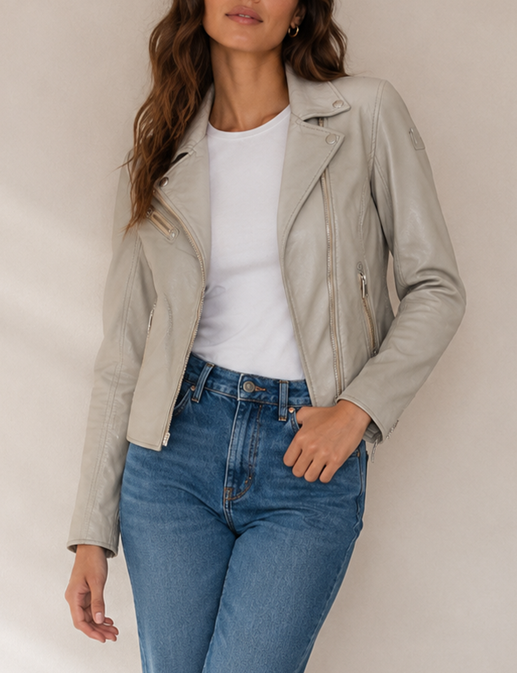 Sofia Leather Moto Jacket, Silver/Grey