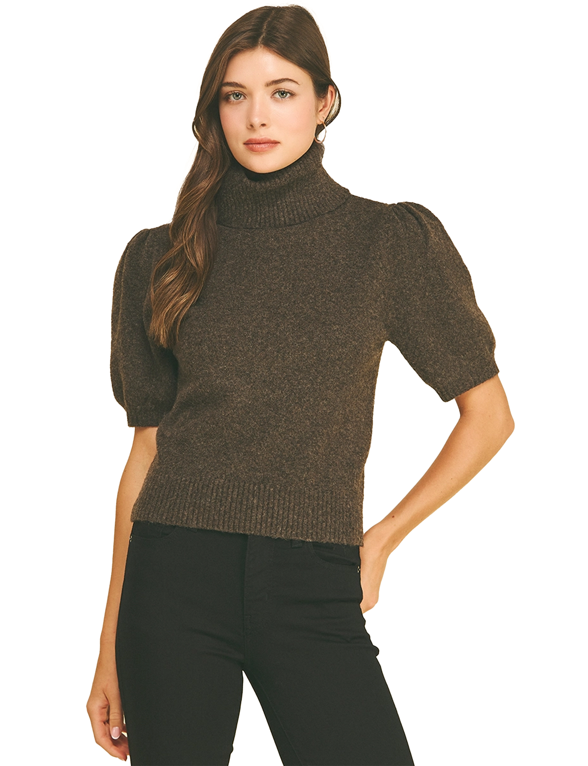 Pinch Turtleneck Puff Sleeve Sweater, Dark Brown