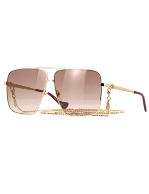 Gucci Gradient Square Frame Sunglasses with Chain, Gold/Brown