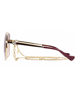 Gucci Gradient Square Frame Sunglasses with Chain, Gold/Brown