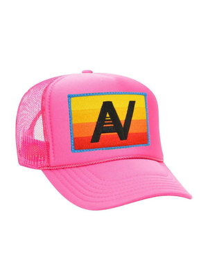 Logo Rainbow Vintage Low Rise Trucker Hat, Neon Pink