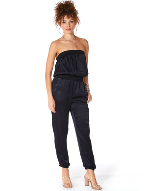 Rib Mixed Strapless Jumpsuit, Black