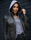 Nola Hooded Leather Jacket, Black