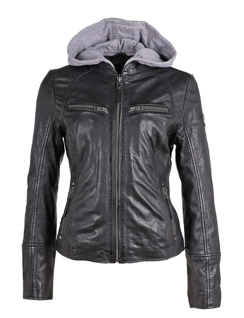 Nola Hooded Leather Jacket, Black