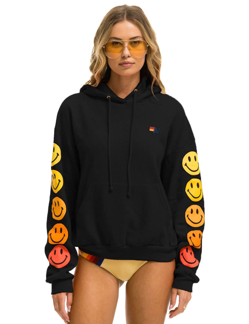 Smiley Sunset Relaxed Pullover Hoodie, Black