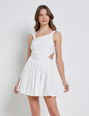 One Shoulder Open Back Tie Ruched Dress, White