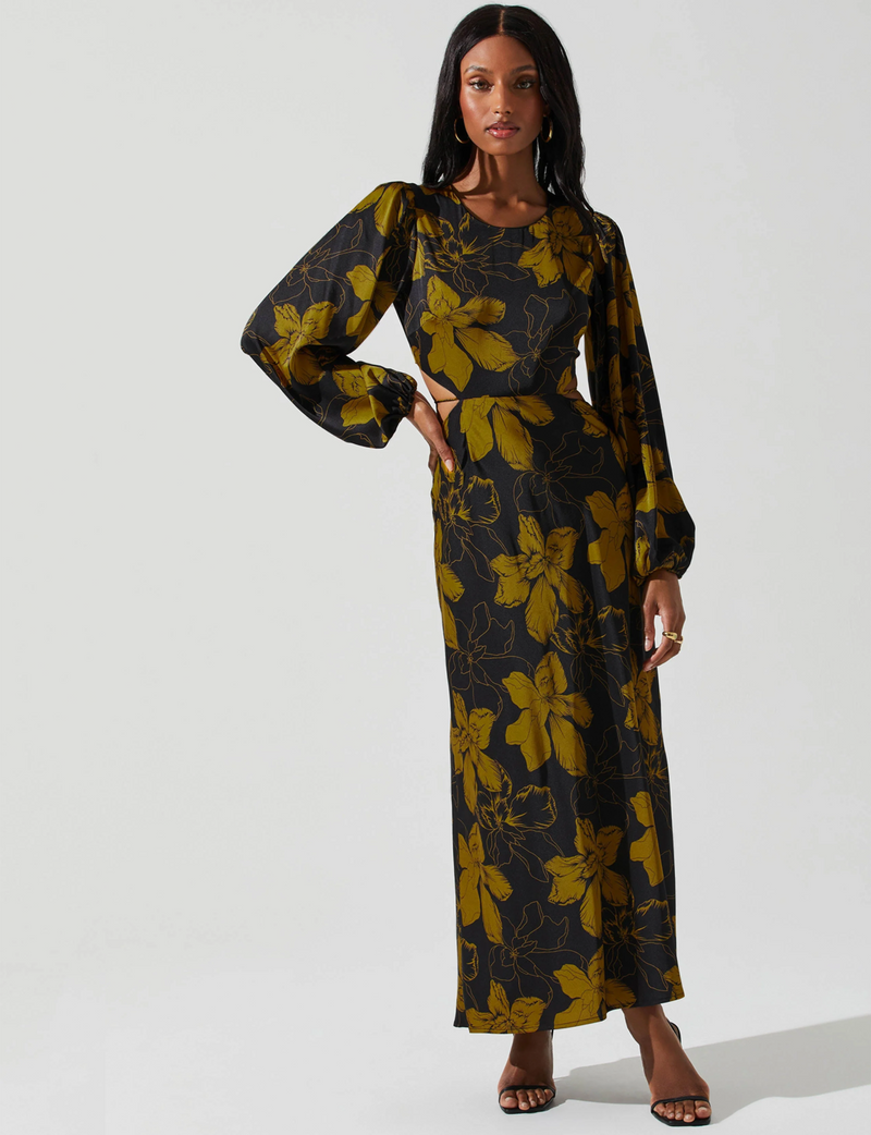 Quinn Long Sleeve Maxi Dress, Black Mustard Floral