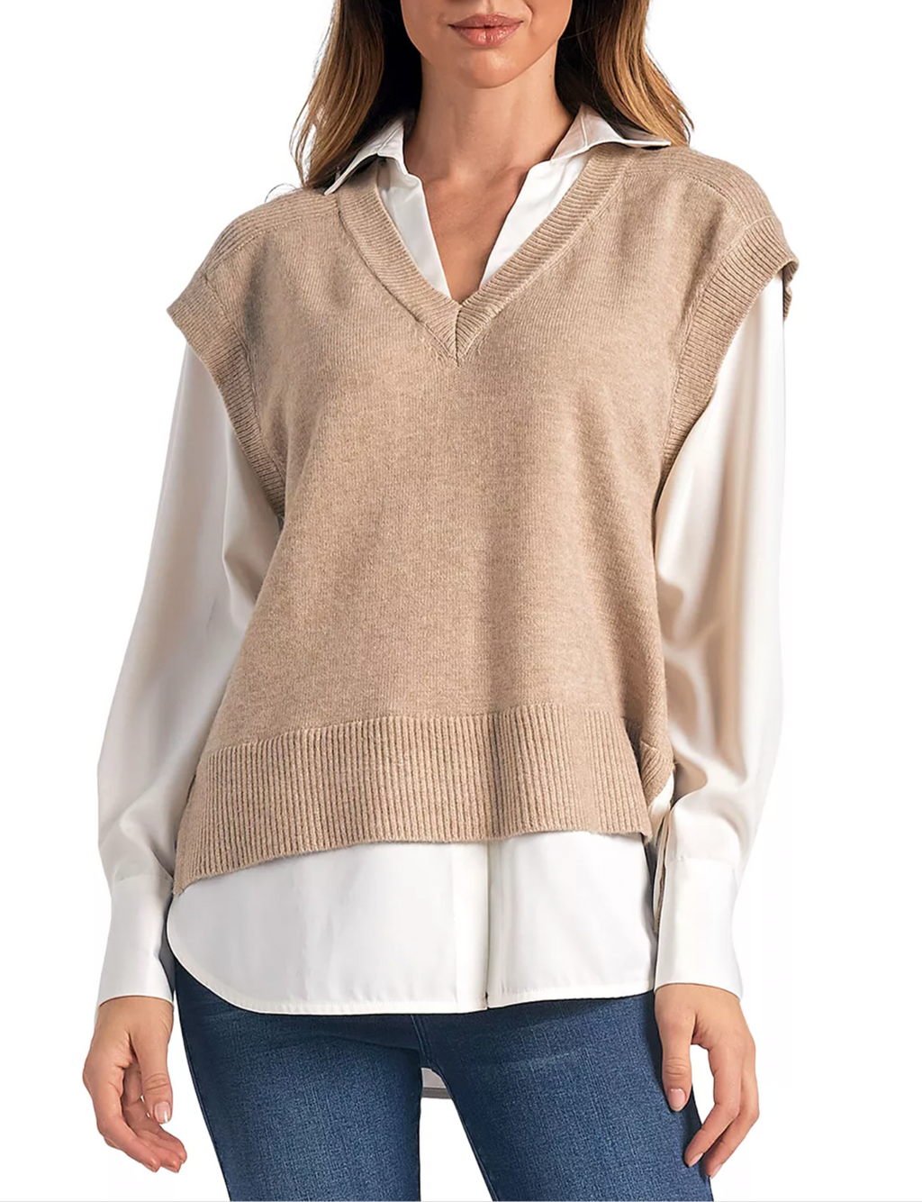 Sweater Vest Shirt Combo, Taupe/White