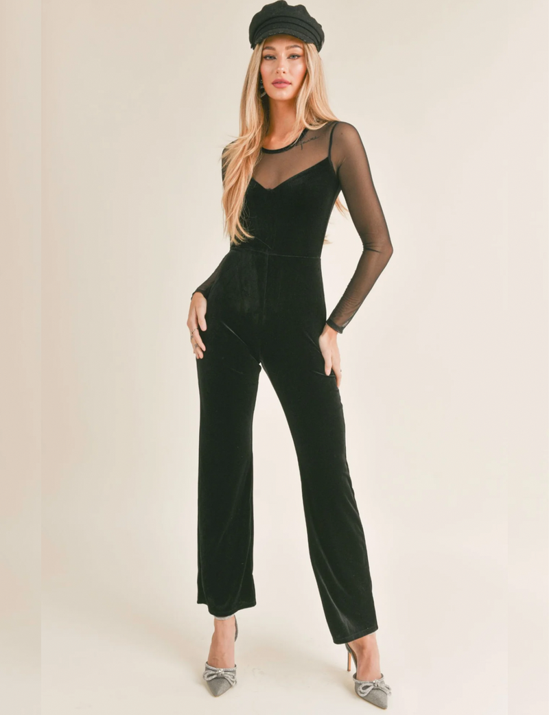 High Voltage Mesh Contrast Velvet Jumpsuit, Black