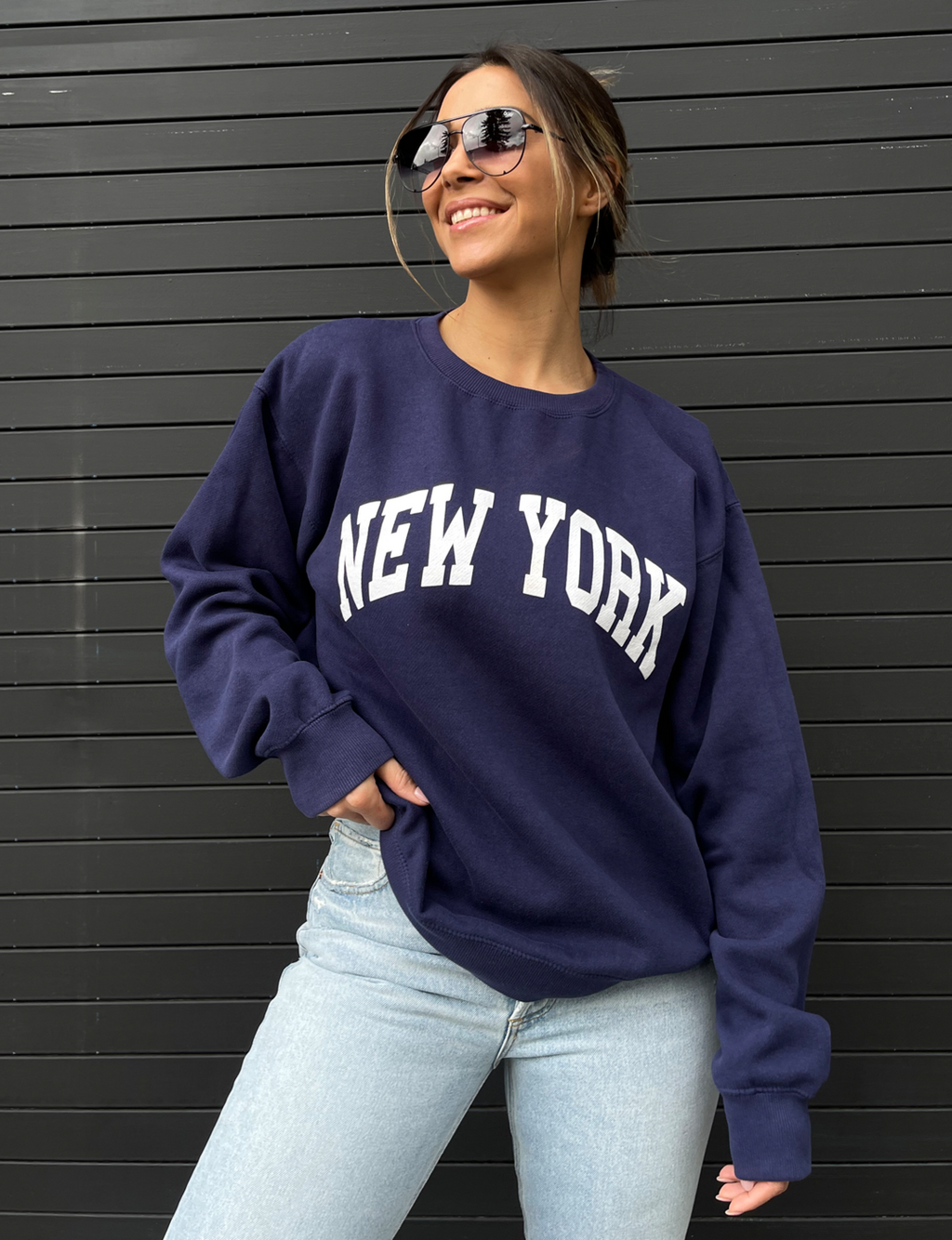 New York Crewneck Sweatshirt, Navy/White