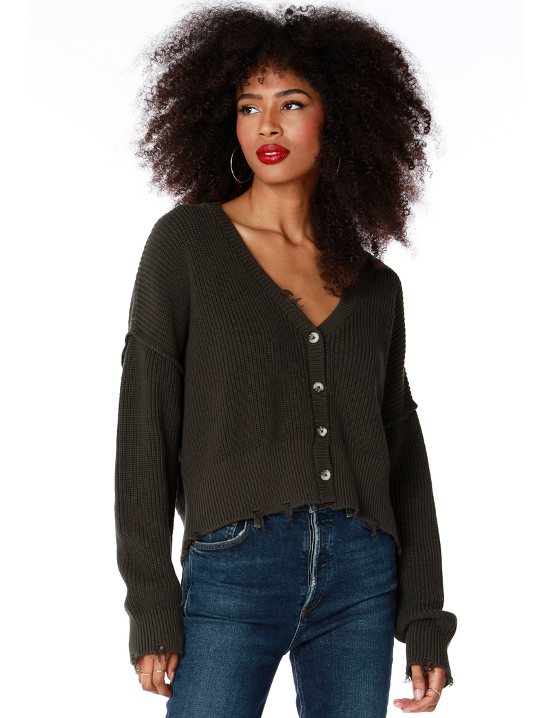 Distressed Button Front Cardigan, Army