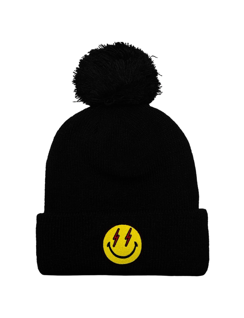 Bolt Smiley Pom Pom Beanie, Black