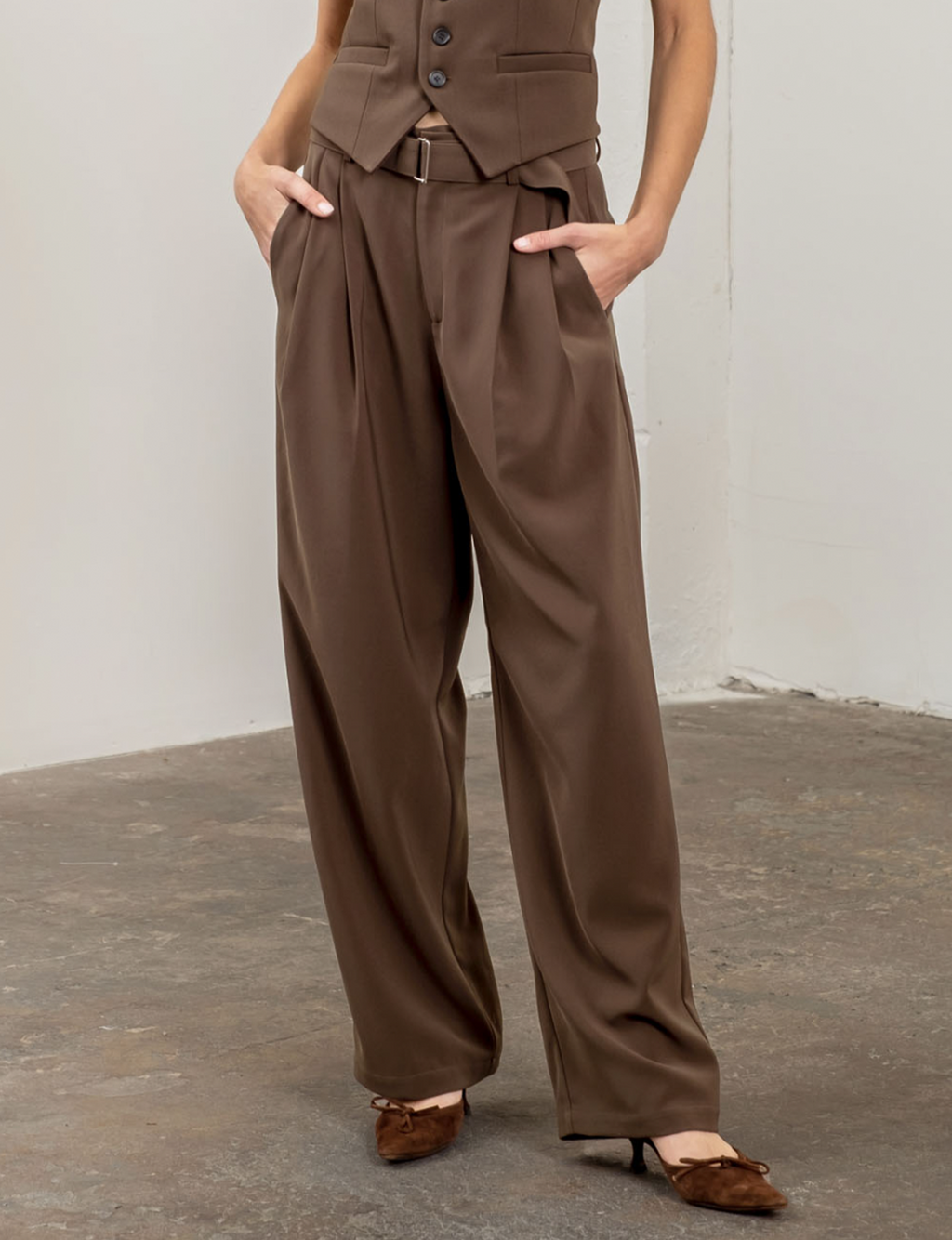 Fold Over Waistband Front Pleated Pants, Chocolate