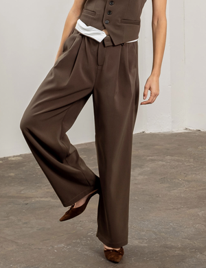 Fold Over Waistband Front Pleated Pants, Chocolate – Punch Clothing