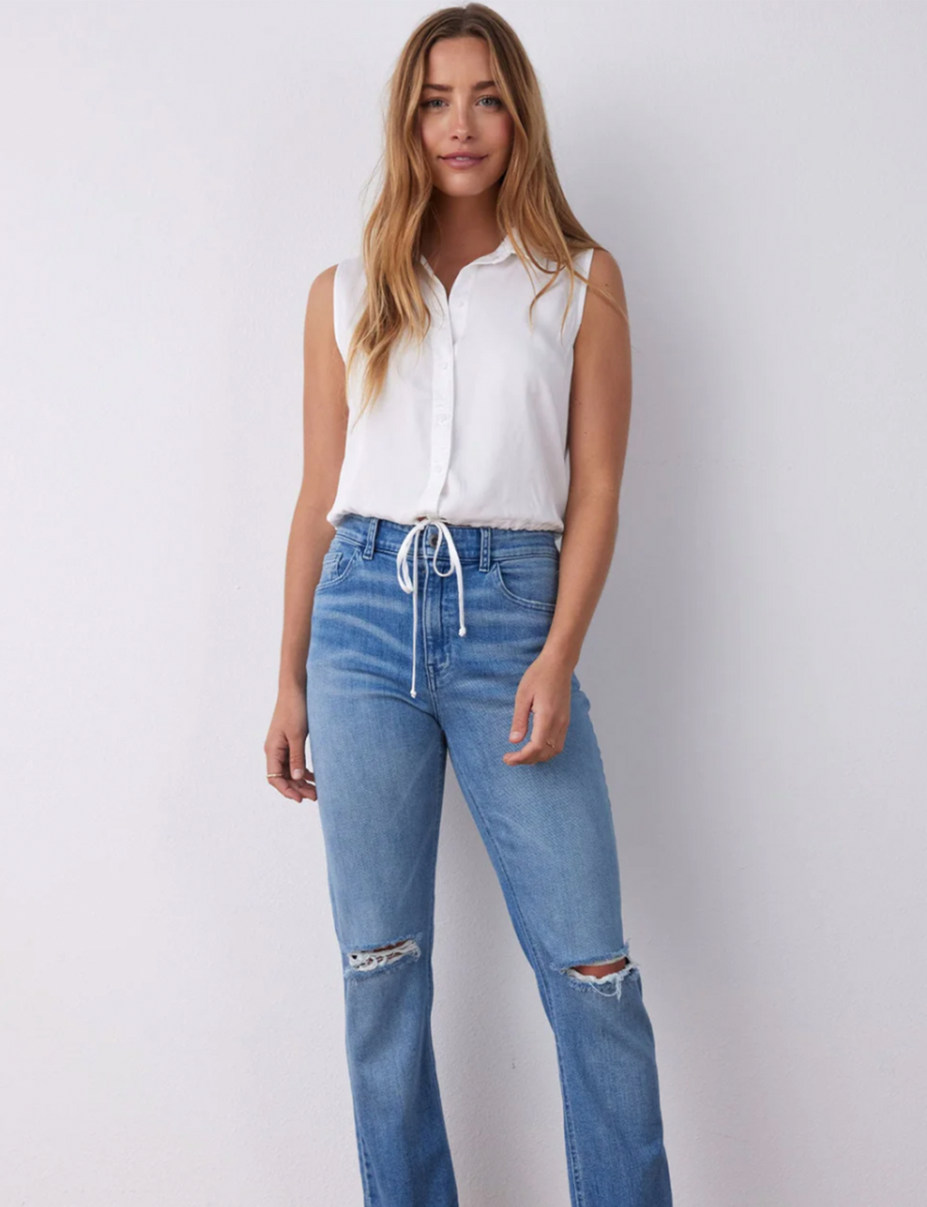 Satin Sleeveless Tie Waist Button Down, White