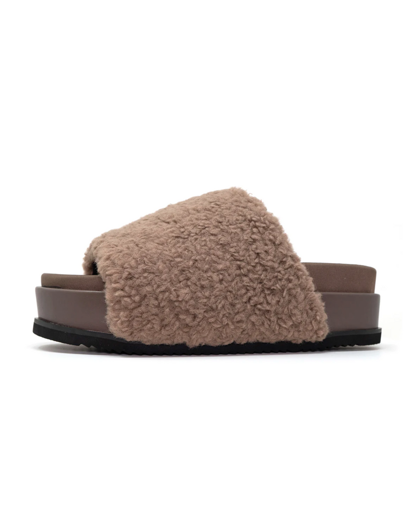 Faux Shearling Fuzzy Platform Slides, Taupe