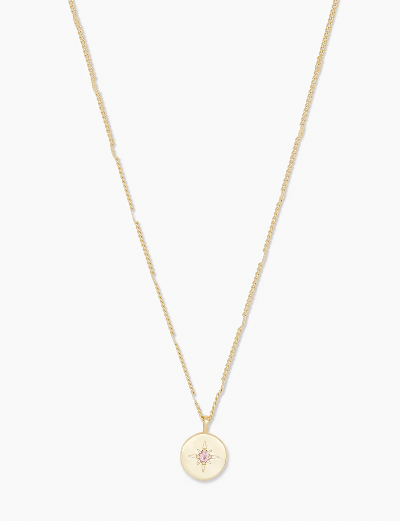 Power Birthstone Coin Necklace (October), Gold/Pink Tourmaline