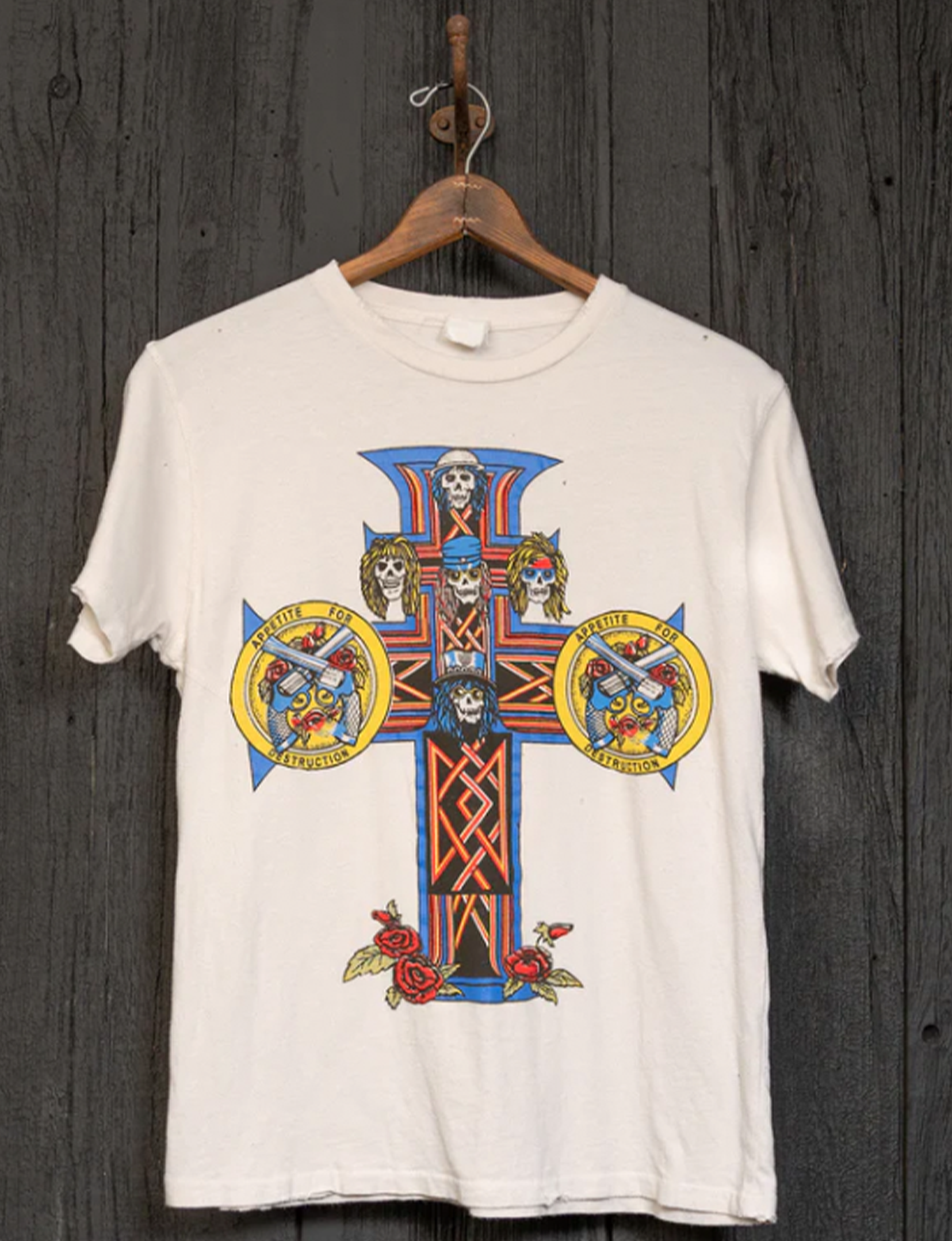 Guns N Roses Skeleton Cross Crew Tee, Vintage White – Punch Guns N Roses Skeleton Cross Crew Tee, Vintage White – Punch