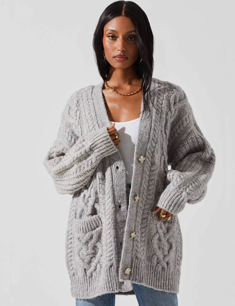 Charli Cable Knit Oversized Cardigan, Grey