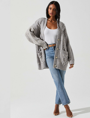 Charli Cable Knit Oversized Cardigan, Grey