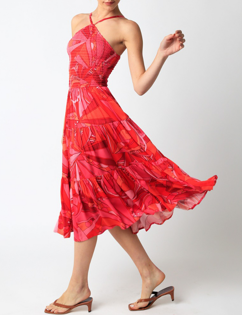 Satin Smocked Halter Midi Dress, Salmon/Orange/Red
