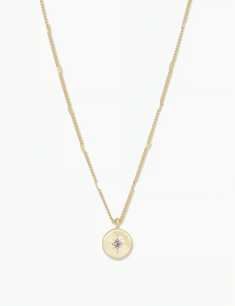 Power Birthstone Coin Necklace (February), Gold/Amethyst