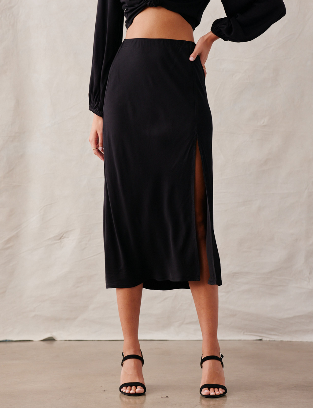 Side Slit Bias Midi Skirt, Black