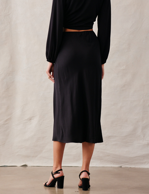 Side Slit Bias Midi Skirt, Black