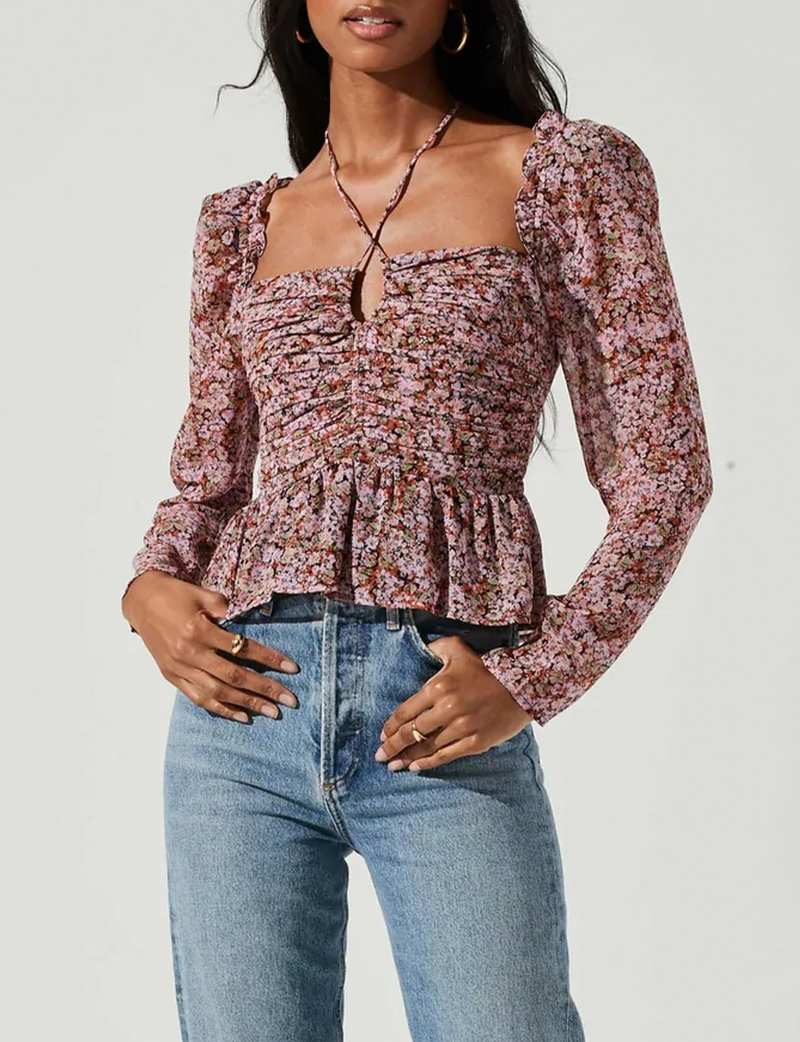 ASTR Toni Long Sleeve Floral Blouse, Pink/Black