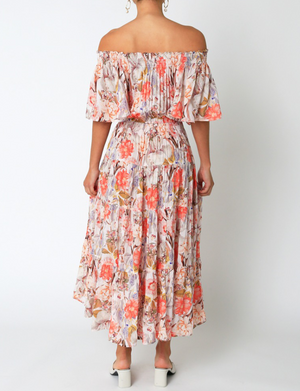 Off The Shoulder Tiered Maxi Dress, Cream/Orange Floral