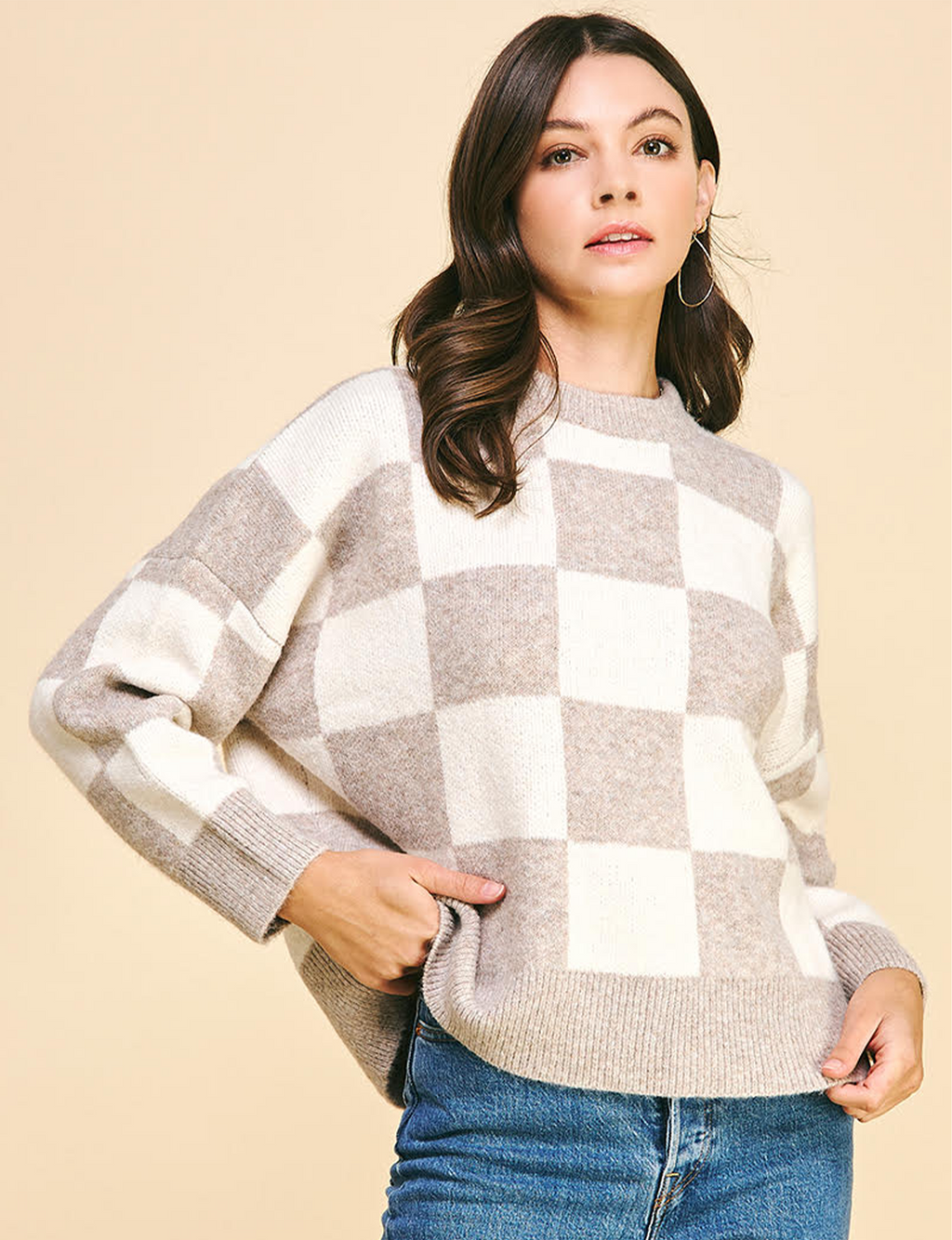 Chunky Checkered Sweater, Mocha